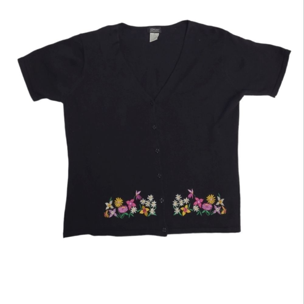 VINTAGE 90s embroidered‎ cardigan floral short sleeve black sweater 1X